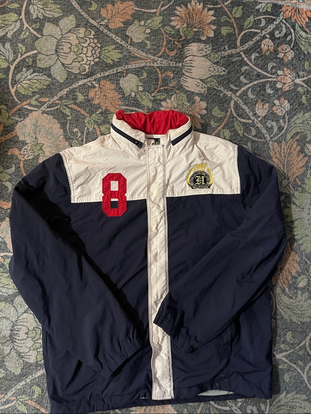 Vintage Men's Navy & White Sport Jacket with Red Accents
